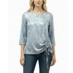 SUSAN GRAVER SILKY FLORAL TOP 1X BURN OUT SILVER TONES 3/4 SLEEVE FANCY PARTY